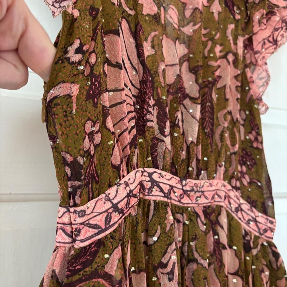 Ulla Johnson RARE Celestia Floral Batik Print Midi Dress Olive Ruffl Silk Size 6 - Picture 14 of 17